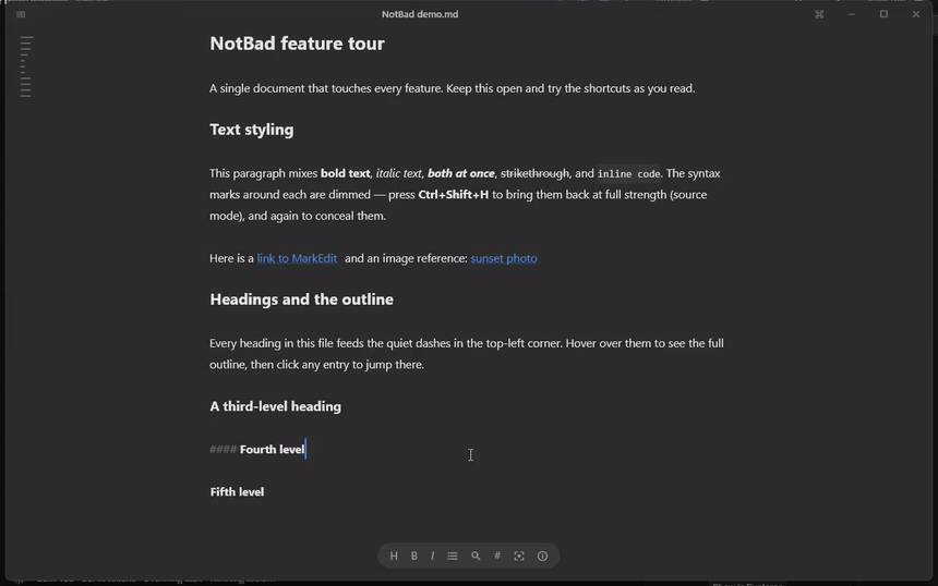 NotBad demo — sidebar, command palette, view modes, live styling, focus mode, and accent colors